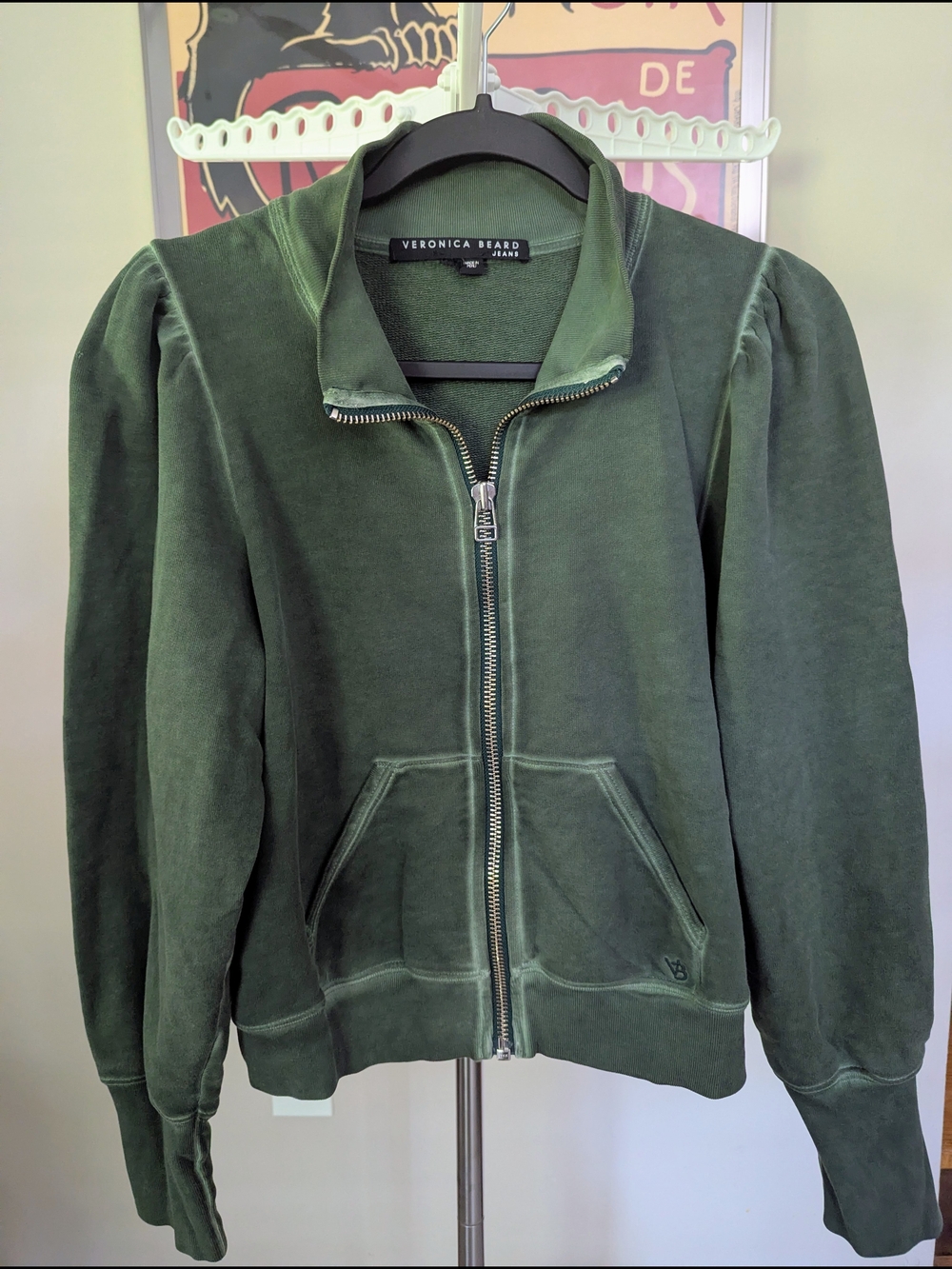 $100 Veronica Beard Jeans XS Siedel Zip Sweatshirt Green Puff Sleeve EUC